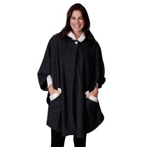 Le Moda Fleece Wrap with Sherpa Trim Hooded Poncho